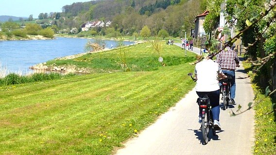Radler auf dem Weser-Radweg in der Rühler Schweiz © NDR Foto: Axel Franz