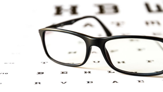 Eine Brille liegt auf einer Sehtafel, die verschiedene Buchstaben in unterschiedlichen Größen zeigt.  Foto: Laurent Davoust
