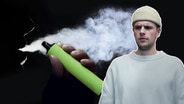 Ein Mann mit hellbrauner Mütze und weißem Shirt schaut verwirrt in die Kamera. Im Hintergrund sieht man den Rauch einer Einweg-E-Zigarette. © NDR 