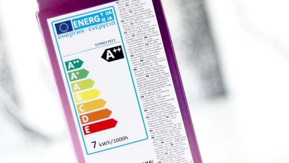 Das alte Energieeffizienzlabel mit grün bis rot hinterlegten Buchstaben von A bis G und Pluskennzeichnungen für A-Einstufung © NDR Foto: Elke Janning