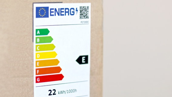Die 2021 eingeführten Energieeffizienzklassen ohne Pluskennzeichnungen, jedoch mit grün bis rot hinterlegten Buchstaben von A bis G © NDR Foto: Elke Janning