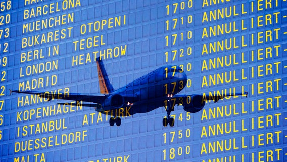 Eine Tafel am Flughafen zeigt mehrere ausgefallene Flüge. Durch die Anzeige schimmert ein Flugzeug hindurch. © Imago Images Foto: imageBROKER/Lilly
