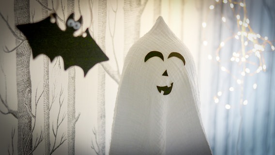 Dekoration für Halloween: Eine Fledermaus aus Pappe und ein Geist aus einem Tuch © NDR Foto: Elke Janning