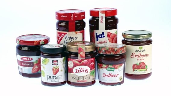 Erdbeer-Marmelade von ja! (Rewe), Gut & Günstig (Edeka), Tamara (Aldi), Maribel (Lidl), Alnatura, Zentis und Schwartau  
