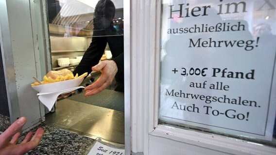 Ein Mitarbeiter von einem Imbiss reicht einen Mehrwegteller mit Pommes frites und Burger an einen Kunden. © dpa-Bildfunk Foto: Bernd Weißbrod