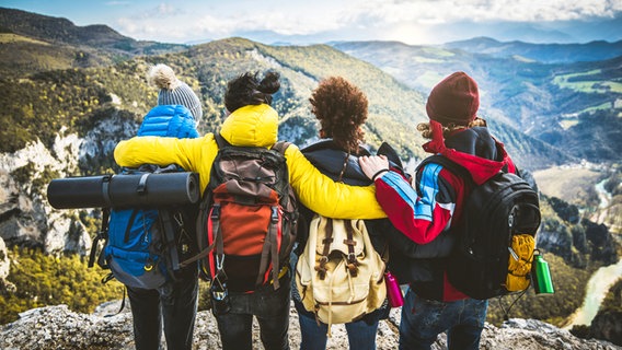 Vier junge Menschen mit Rucksack stehen Arm in Arm an einem Felsen vor Bergpanorama. © colourbox 