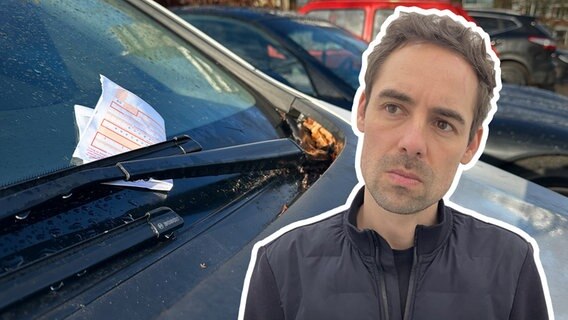 Im Hintergrund: Scheibenwischer vom Auto nah mit Windschutzscheibe, Überweisungsträger. Reporter rechts im Bild, links Titel: Abzocke beim Parken? © NDR Foto: NDR