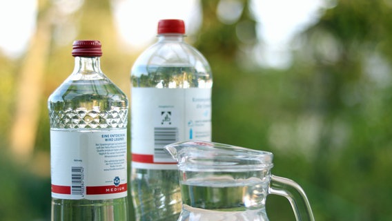 Eine Wasserflasche aus Glas vor einer Wasserflasche aus Plastik und daneben eine Karaffe mit Leitungswasser befüllt. © NDR Foto: Elke Janning
