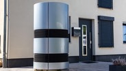 Eine Luft- und Wasserwärmepumpe steht vor dem Eingang eines Wohnhauses. © picture alliance / CHROMORANGE Foto: Udo Herrmann