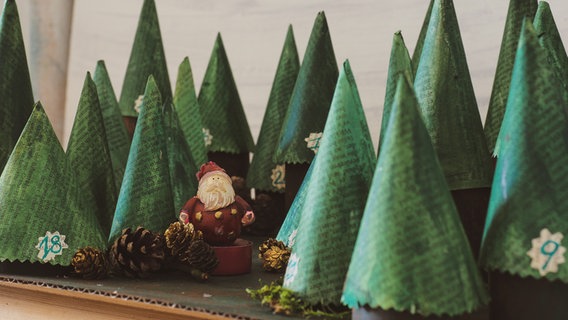 Eine kleine Weihnachtsmannfigur steht in einem selbst gebastelten Wald aus bemalten Klopapierrollen. © NDR Foto: Anja Deuble