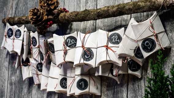 Ein selbst gemachter Adventskalender aus bemalten und beklebten Klopapierrollen hängt an einem Ast.  Foto: Anja Deuble