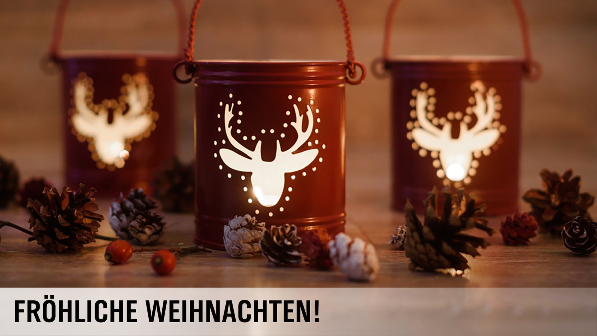 Drei rote Tischleuchten mit Hirschen stehen auf einem Tisch. © Fotolia Foto: stillforstyle