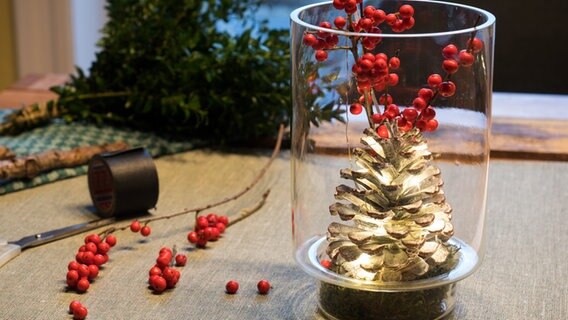 Ein weiß bemalter Zapfen in einer Glasvase, dekoriert mit roten Beeren.  Foto: Anja Deuble