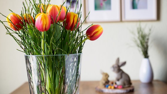 Heidelbeerzweige und Tulpen stehen in einer Glasvase auf einem Tisch. © NDR Foto: Anja Deuble