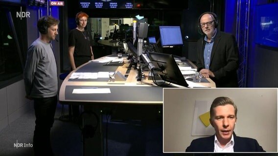 Andreas Kuhnt mit Moritz Ebinghaus, Jona Preuß und Matthias Seestern-Pauly im NDR Studio © NDR 
