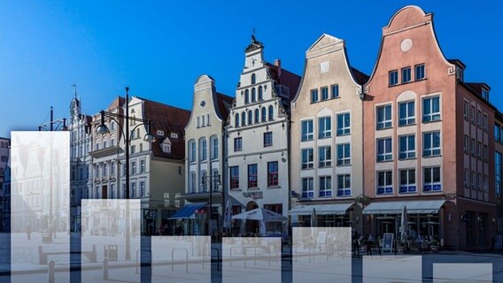 Historische Gebäude in Rostock, im Vordergrund transparente Balkendiagramme. © Colourbox Foto: Rico Ködder