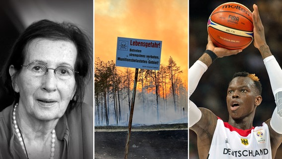 Drei zusammengestellte Bilder: Heide Simonis (links) / Warnschild "Lebensgefahr, Betreten verboten" vor einem Waldbrand / Baskeball-Nationalspieler Dennis Schröder © picture alliance / DPA Foto: Carsten Rehder, Thomas Schulz, Swen Pförtner