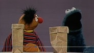 Ernie mit zwei Tüten und Krümelmonster © NDR/ Sesame Workshop 