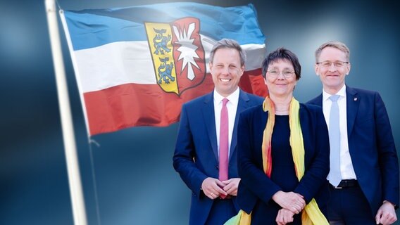 Foto-Montage: Thomas Losse-Müller, Monika Heinold und Daniel Günther vor einer Schleswig-Holstein-Flagge. © picture alliance/dpa/Frank Molter - Fotolia.com/Ralf Gosch 