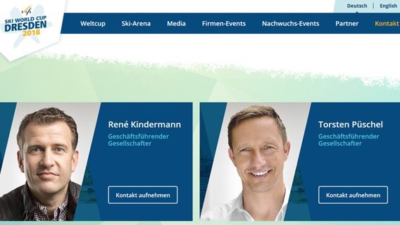 Die Sportmoderatoren René Kindermann und Torsten Püschel haben den Ski World Cup in Dresden 2018 organisiert. Auf der Website stehen Sie mit einem Foto und Kontaktdaten. © Skiweltcup-Dresden Foto: Screenshot