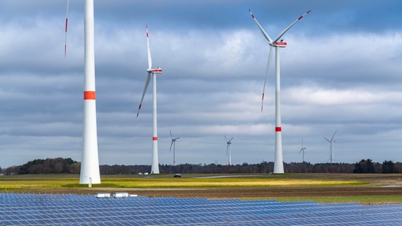 Photovoltaikanlagen stehen auf einem Feld vor mehreren Windrädern. © picture alliance Foto: Jochen Tack