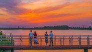 Vier Menschen schauen von einer Brücke in den Sonnenuntergang. © picture alliance / CFOTO | CFOTO Foto: CFOTO