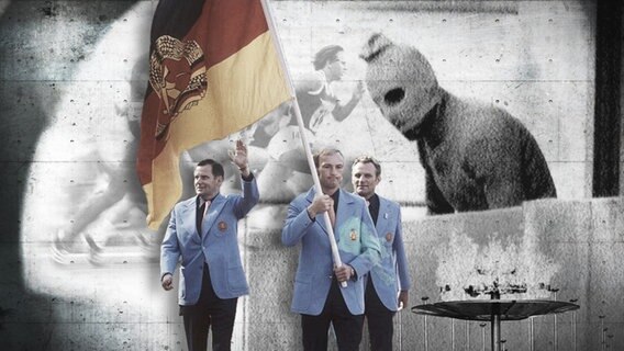 DDR-Fahnenträger bei den Olympischen Spielen 1972 und im Hintergrund ein maskierter Mann © imago images 