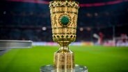 Der DFB Pokal steht im Stadion auf einer Säule. © picture alliance / dpa Foto: Thomas Eisenhuth