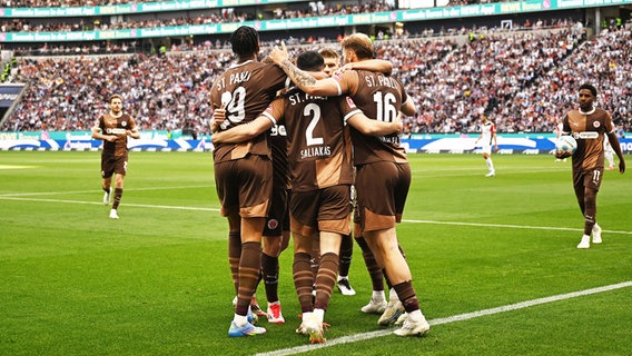 St. Paulis Spieler bejubeln einen Treffer. © IMAGO / Jan Huebner 