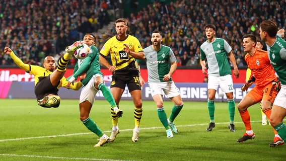 Dortmunds Donyell Malen (l.) trifft gegen Bremen. © IMAGO / Jan Huebner 