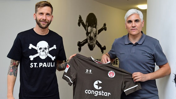 Manager Andreas Bornemann (l.) vom FC St. Pauli mit Neuzugang Guido Burgstaller © Witters Foto: Valeria Witters