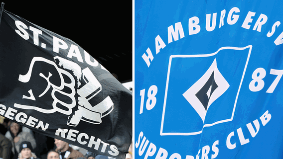 die Flagge des HSV-Supporters-Club und eine Fahne des FC St. Pauli gegen Rechts. © picture alliance Foto: Eibner-Pressefoto, Pressefoto ULMER/Bjoern Hake