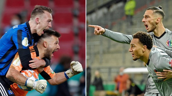 Die HSV-Profis Sebastian Schonlau und Daniel Heuer Fernandes (l.) und die St. Paulis-Profis Etienne Amenyido und Leart Paqarada (Fotomontage). © IMAGO / Xinhua / NOrbert Schmidt 