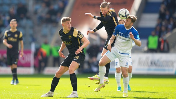 Meppens Moritz Hinnenkamp und Marcus Piossek kämpfen gegen Magdeburgs Connor Krempicki um den Ball. © IMAGO / Werner Scholz 
