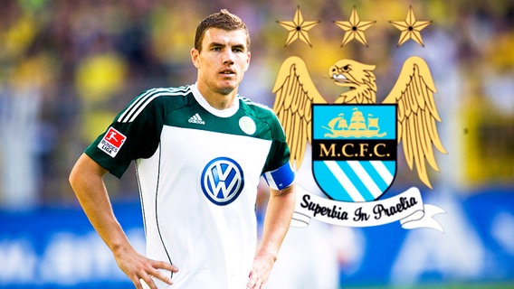 Edin Dzeko vor dem Wappen von Manchester City (Bildmontage) © picture-alliance / Sven Simon 