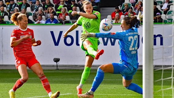 Bayern-Torhüterin Maria-Luisa Grohs (r.) und Maximiliane Rall (l.) versuchen, die Wolfsburgerin Alexandra Popp zu stoppen © IMAGO/Lobeca Foto: Ines Hähnel