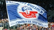 Zuschauer mit einer Fahne des FC Hansa Rostock © picture-alliance/dpa-Zentralbild Foto: Bernd Wüstneck