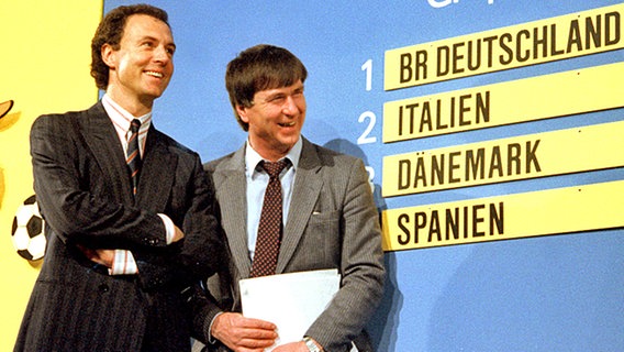 Franz Beckenbauer (l.) und Sepp Piontek bei der Auslosung der EM-Endrunde 1988 © picture-alliance/ dpa 