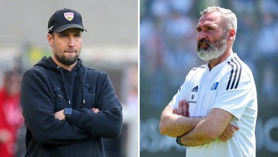 Montage: Die Trainer Sebastian Hoeneß (VfB Stuttgart) und Tim Walter (HSV) stehen mit verschränkten Armen nebeneinander © IMAGO / Avanti/foto2press 