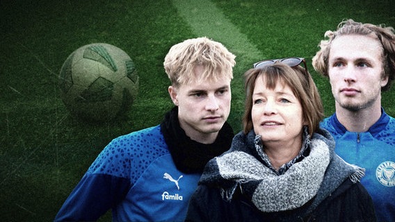 Fiete Arp (r.) und Finn Porath von Fußball-Zweitligist Holstein Kiel. In der Mitte Finns Mutter Julia Porath © NDR 