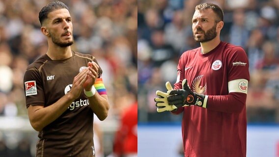 Leart Paqarada (l.) vom FC St. Pauli und Markus Kolke von Hansa Rostock (Fotomontage). © IMAGO / osnapix /Claus Bergmann 