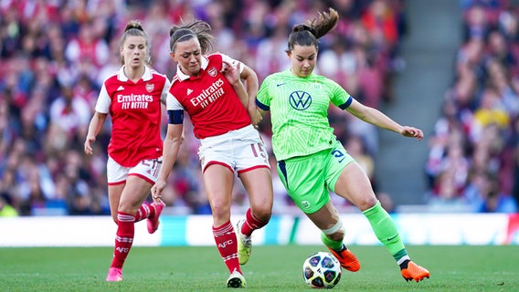 Wolfsburgs Lena Oberdorf (r.) und Arsenals Katie McCabe kämpfen um den Ball. © IMAGO / Sports Press Photo 