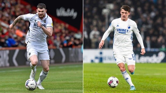 Montage: Die Fußballer Oliver Burke (l.) und Jens Stage nebeneinander am Ball © IMAGO 