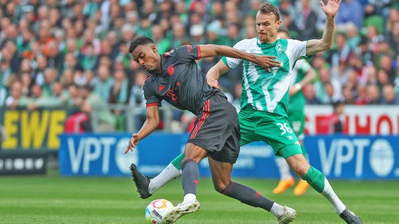 Christian Gross (r.) von Werder Bremen im Duell mit Ryan Gravenberch vom FC Bayern München © IMAGO / osnapix 