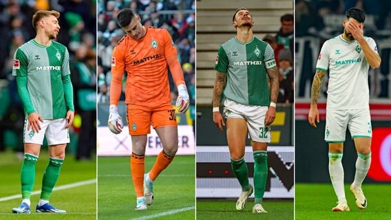 Frust bei den Spielern von Werder Bremen (v.l.) Mitchell Weiser, Michael Zetterer, Marco Friedl und Anthony Jung © IMAGO 