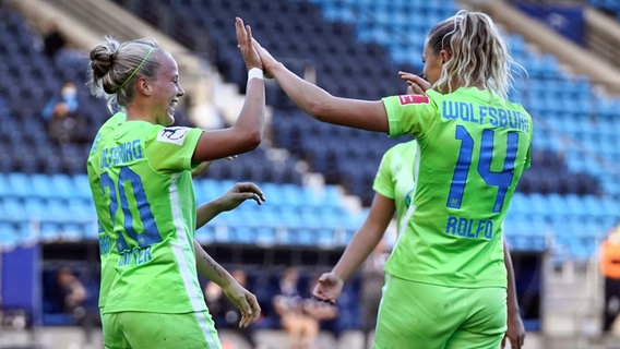 Die Wolfsburger Fußballerinnen Pia-Sophie Wolter (l.) und Fridolina Rolfö klatschen sich ab. © imago images / Sports Press Photo 