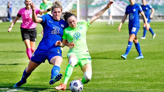 Ewa Pajor (l.) vom VfL Wolfsburg im Duell mit Chelseas Millie Brigh © picture alliance/dpa Foto: Marton Monus