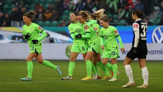 Die Spielerinnen des VfL Wolfsburg jubeln über ein Tor. © IMAGO / regios24 