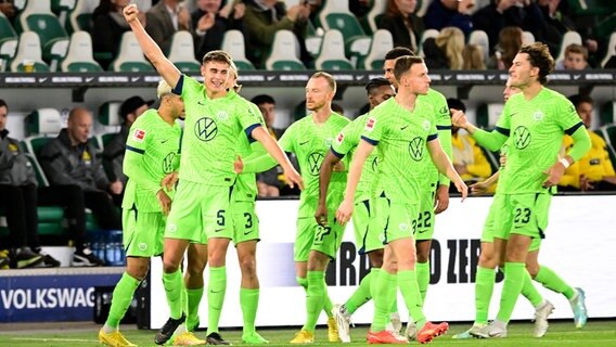 Die Spieler des VfL Wolfsburg bejubeln einen Treffer. © Witters 
