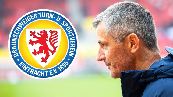 Montage: Trainer Jens Härtel mit dem Wappen von Eintracht Braunschweig © IMAGO / Sascha Janne 